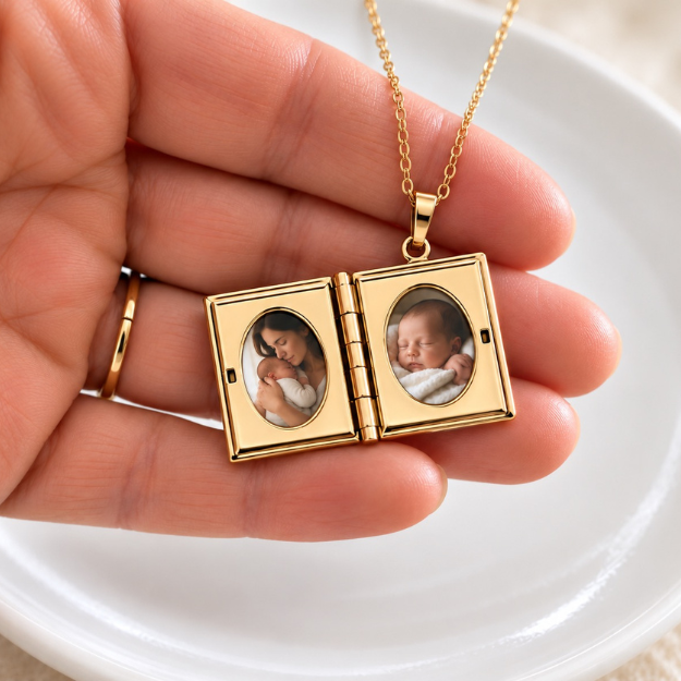 Collier photo personnalisé médaillon forme livre à graver