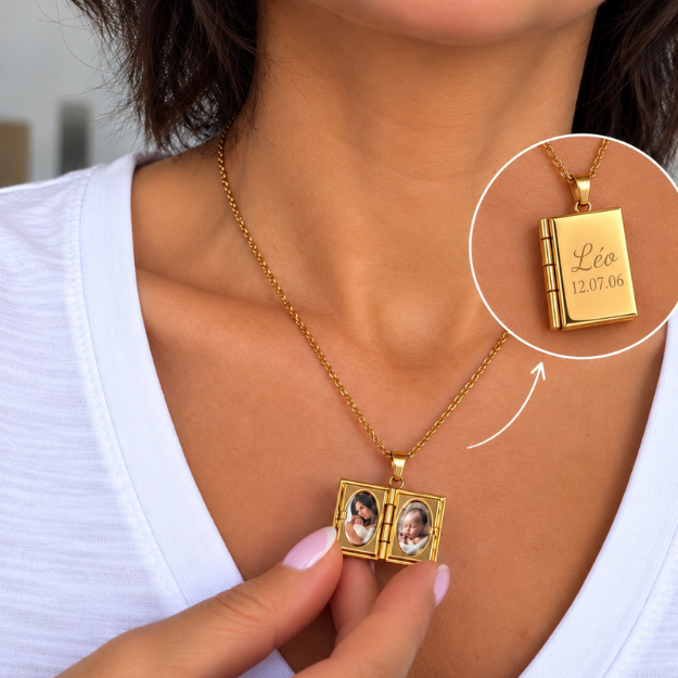 Collier photo personnalisé médaillon forme livre à graver