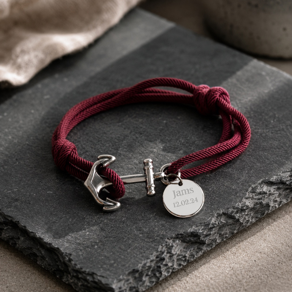 Bracelet Homme Ancre marine cordon personnalisé médaille gravée