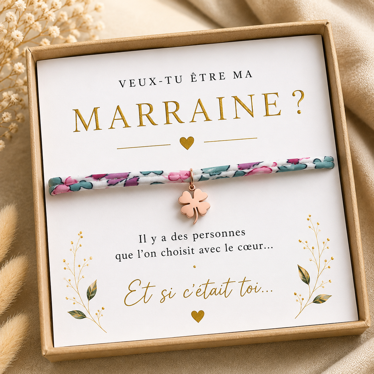 Annonce grossesse Marraine, Bracelet à personnalisé Marraine liberty trèfle , Bracelet annonce naissance, Cadeau de demande Marraine