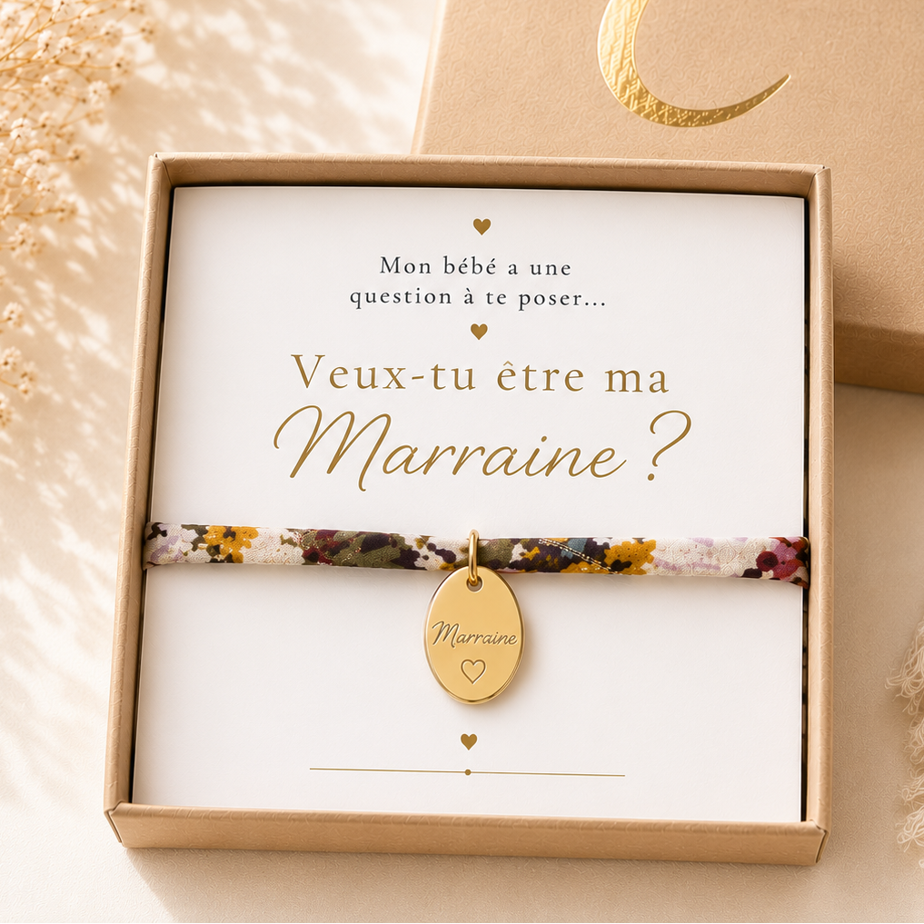 Annonce grossesse Marraine, Bracelet à personnalisé médaille gravée Marraine liberty, Bracelet annonce naissance, Cadeau de demande Marraine