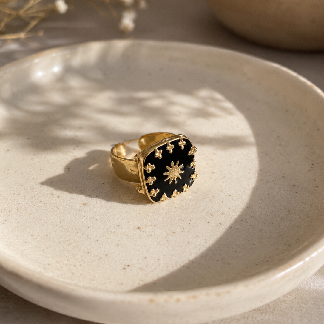 Bague émaillé pierre carré en acier inoxydable