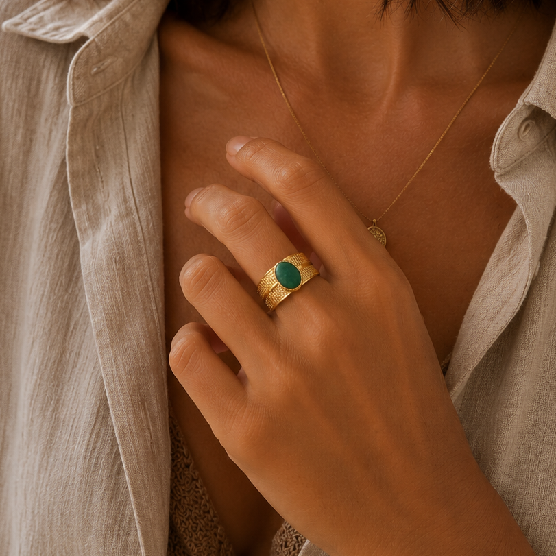 Bague réglable avec pierre naturelle anneau épais avec pierre naturelle ovale en acier inoxydable