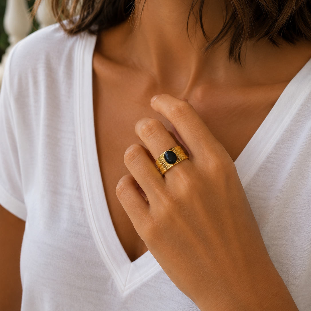Bague réglable avec pierre naturelle anneau épais avec pierre naturelle ovale en acier inoxydable