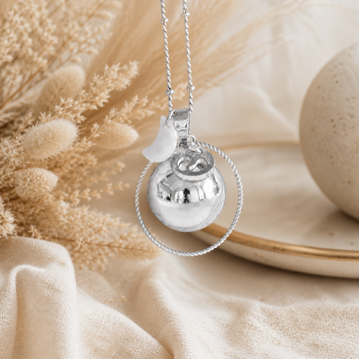 Bola de grossesse argenté lisse breloque lune nacre empreinte anneau