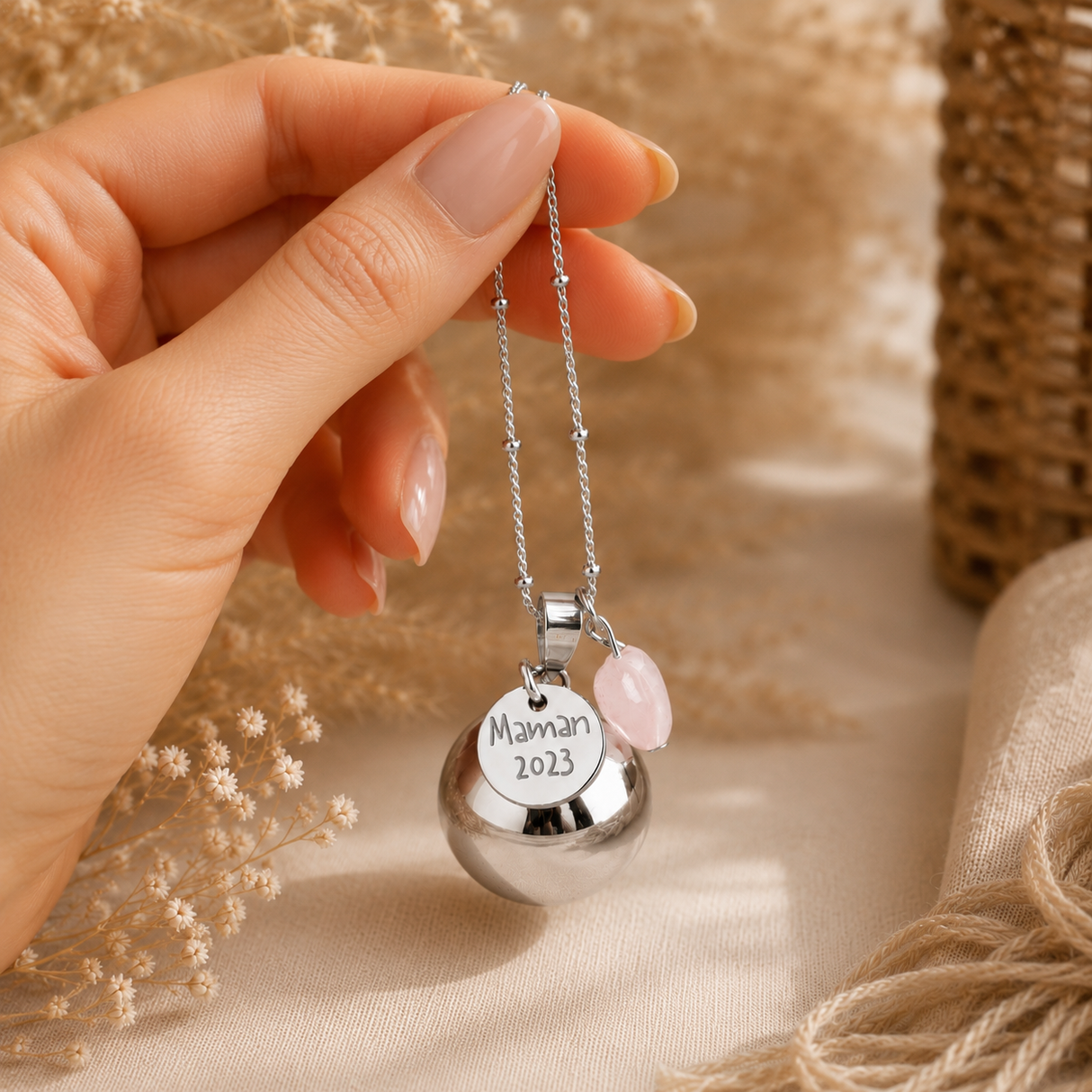 Bola de grossesse argenté lisse coeur quartz rose médaille à gravée