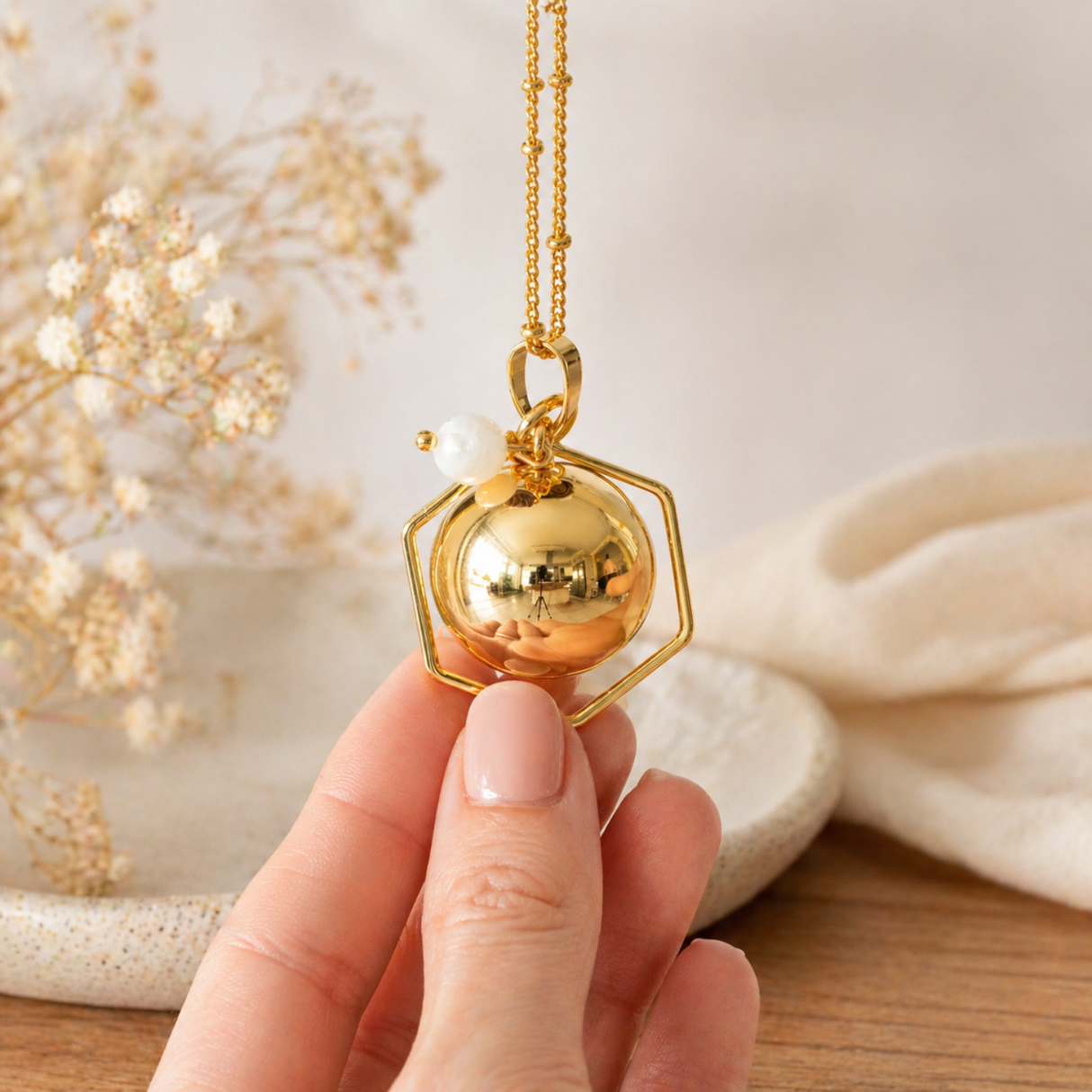 Bola de grossesse doré lisse anneau hexagone perle pierre de lune