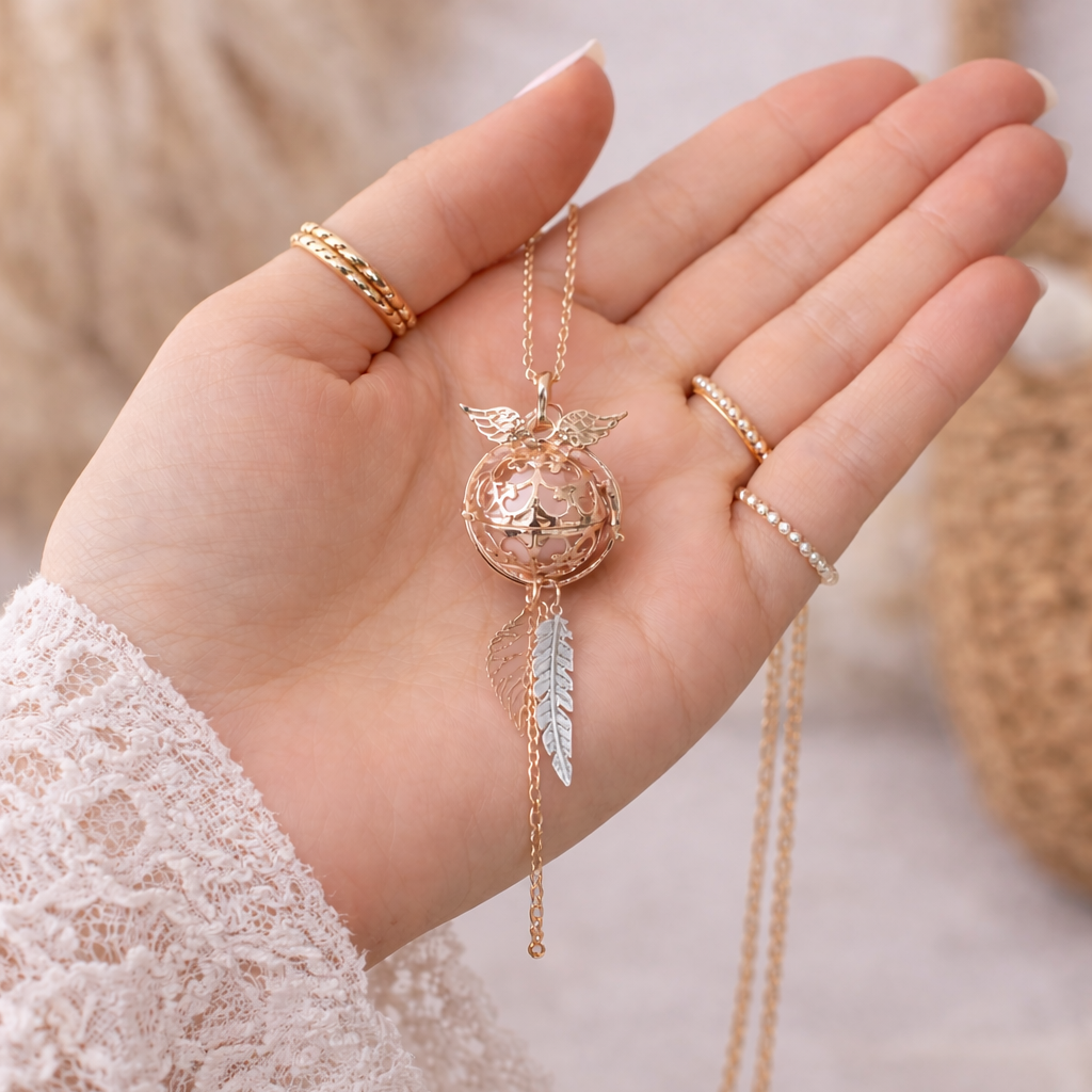 Bola de grossesse doré rose cage ange anneau pendentif feuille plume