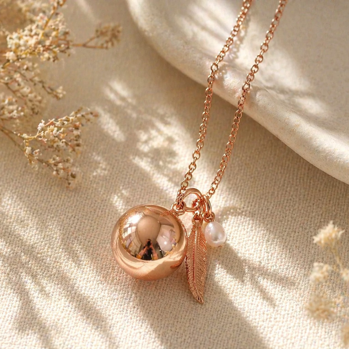 Bola de grossesse doré rose lissé breloques plume perle d'eau douce