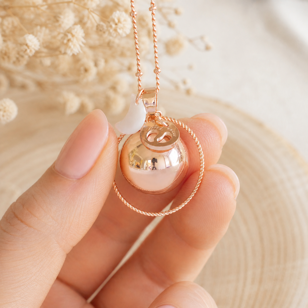 Bola de grossesse doré rose lisse breloque lune nacre empreinte anneau