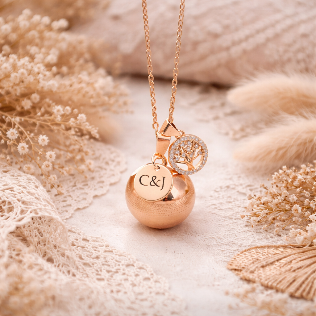 Bola de grossesse doré rose lisse médaille à graver arbre de vie strass