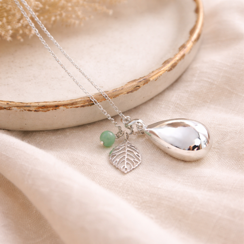 Bola de grossesse goutte argenté lisse pendentif feuille et perle aventurine