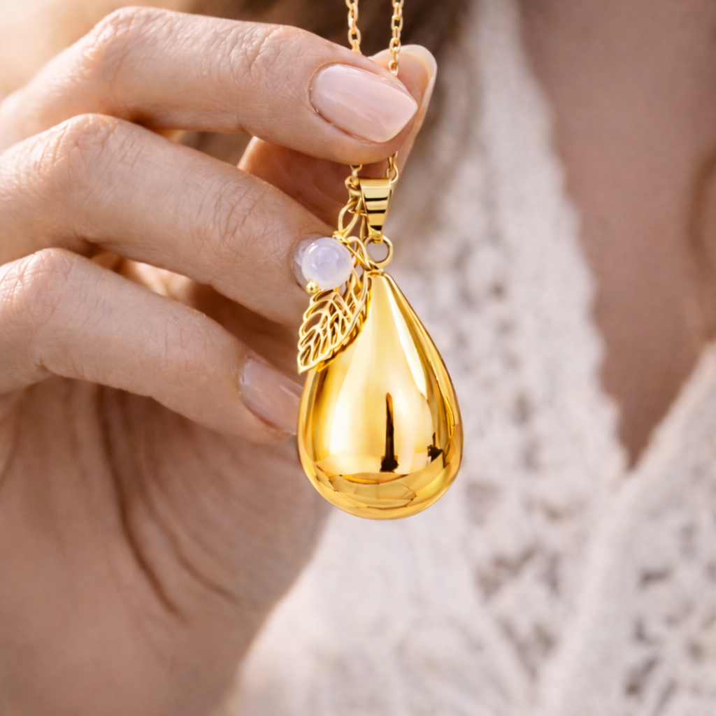 Bola de grossesse goutte doré lisse pendentif feuille et perle pierre de lune