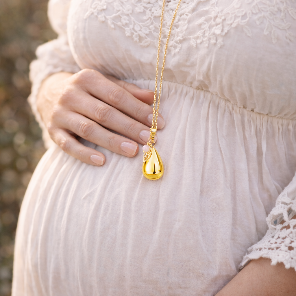Bola de grossesse goutte doré lisse pendentif feuille et perle pierre de lune