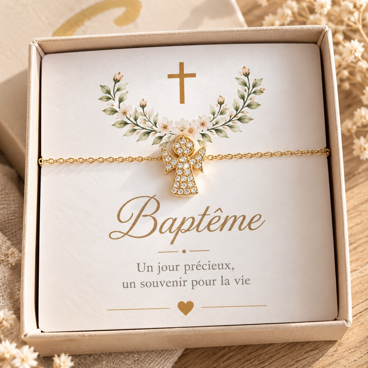 Bracelet Ange Baptême Fille Doré ou Argenté– Bracelet Enfant Acier Inoxydable – Cadeau Baptême – Bijou Communion – Idée cadeau coffret
