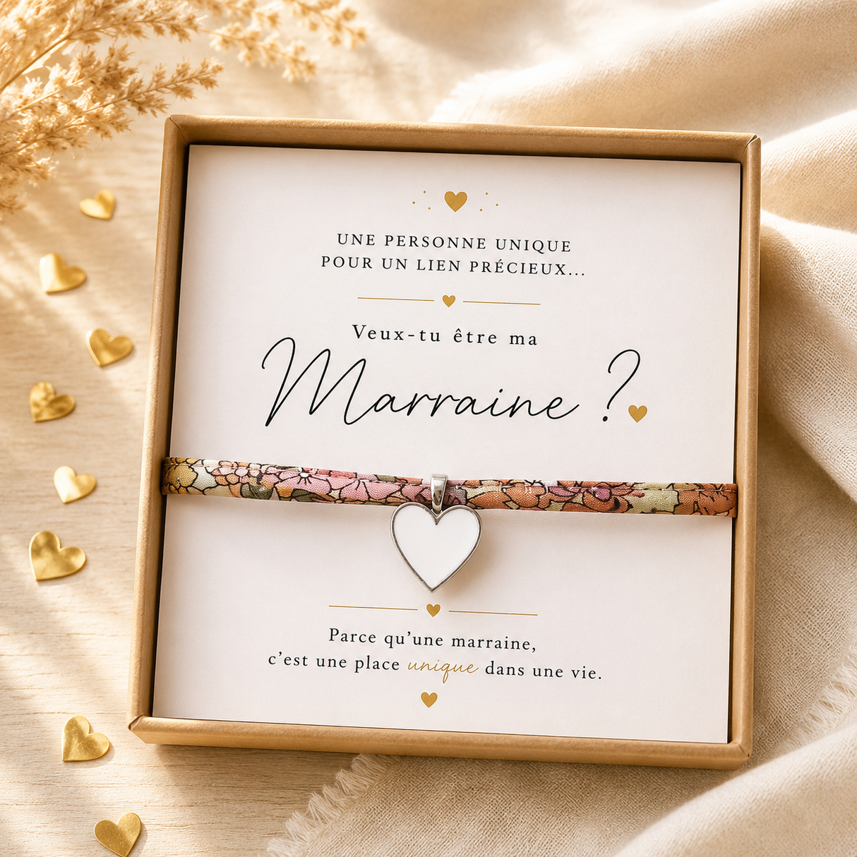 Bracelet Demande Marraine – Cœur Émaillé sur Bracelet Liberty - Coffret cadeau