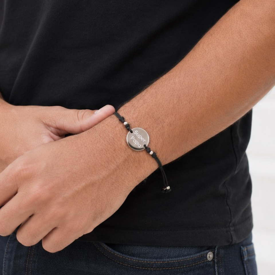 Bracelet Homme cordon noir personnalisé médaille gravée ajustable