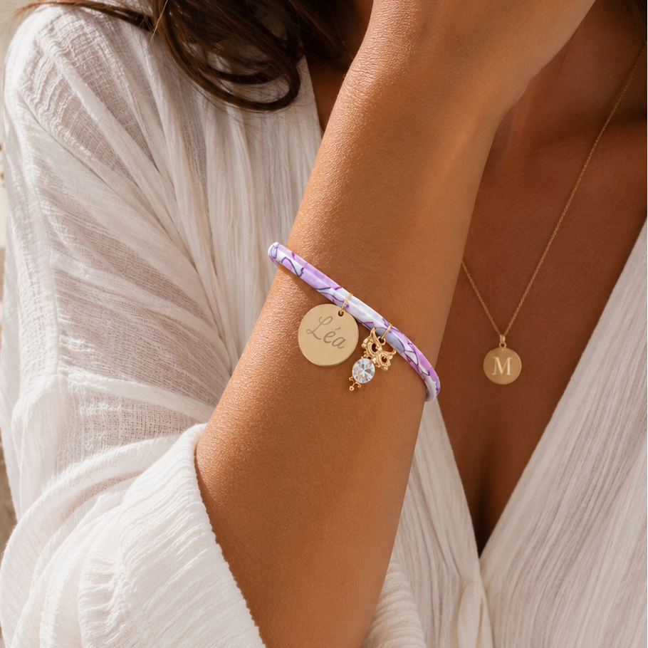 Bracelet Liberty personnalisé avec médaille gravée et pendentif hibou strass