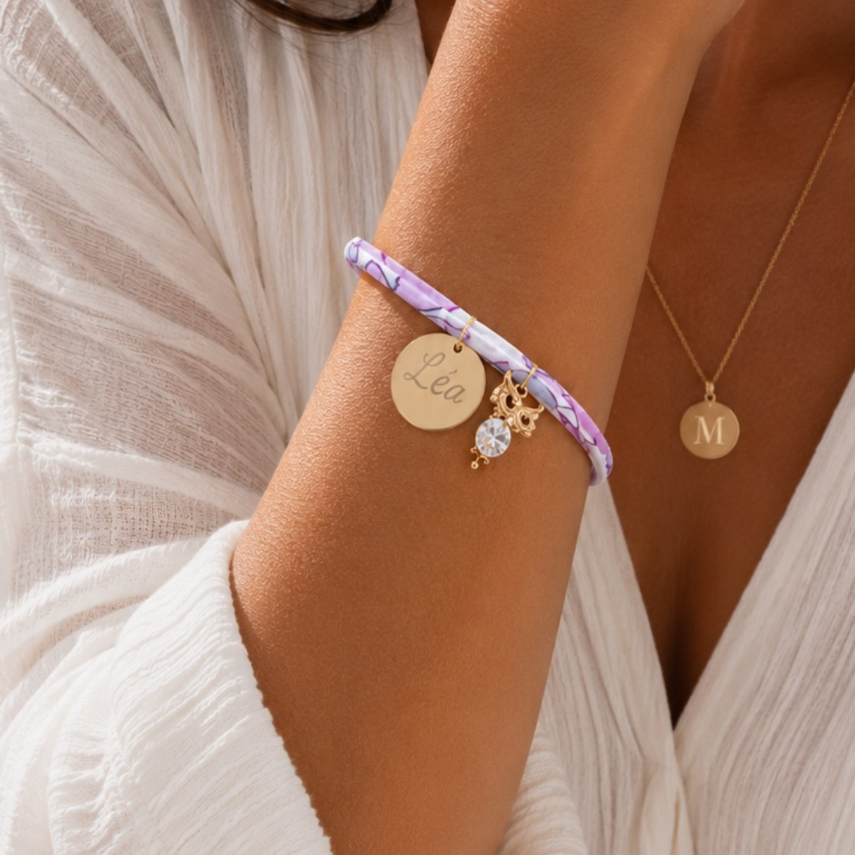 Bracelet Liberty personnalisé avec médaille gravée et pendentif hibou strass