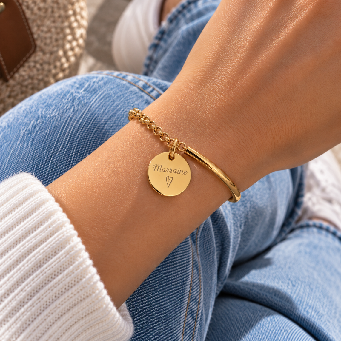 Bracelet demi jonc chaine médaille gravée personnalisé acier inoxydable