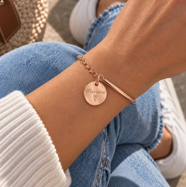 Bracelet demi jonc chaine médaille gravée personnalisé acier inoxydable