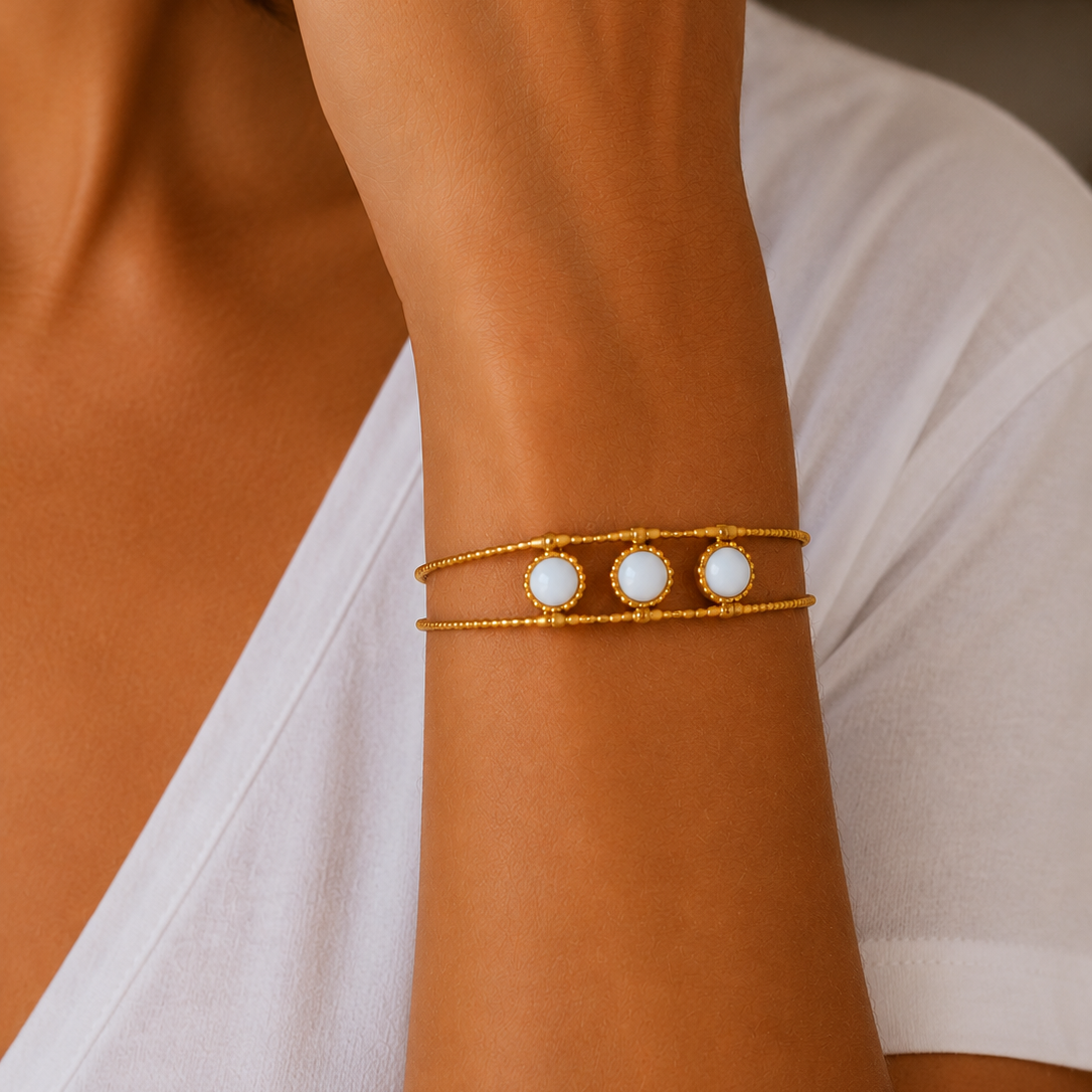 Bracelet jonc 2 rangs avec pierres Jade blanche, Lapis Lazuli, Onyx, Cornaline en acier inoxydable
