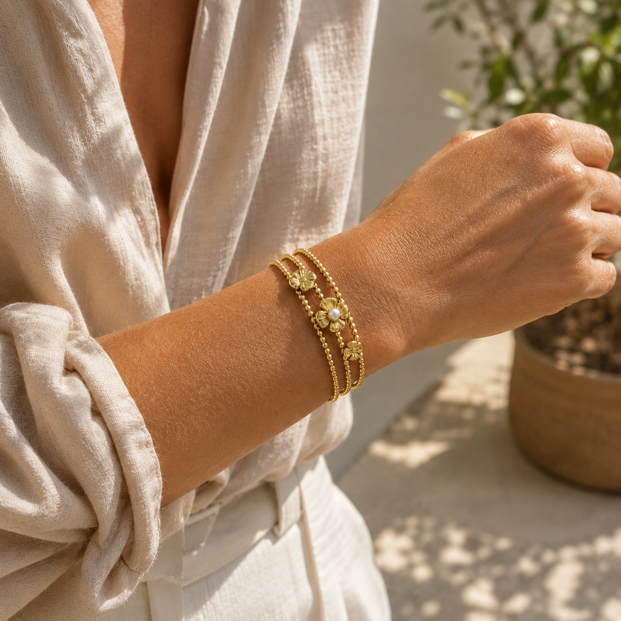 Bracelet jonc 3 rangs avec fleurs perle d'eau douce pierre naturelle ou onyx en acier inoxydable