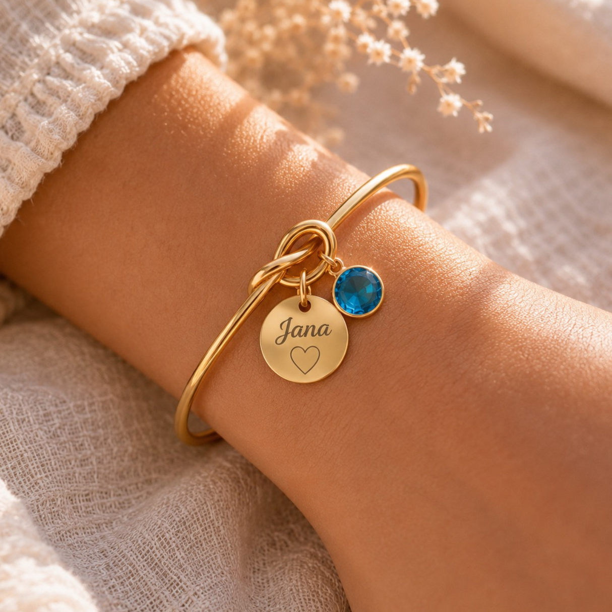 Bracelet jonc gravé personnalisé médaille pierre de naissance