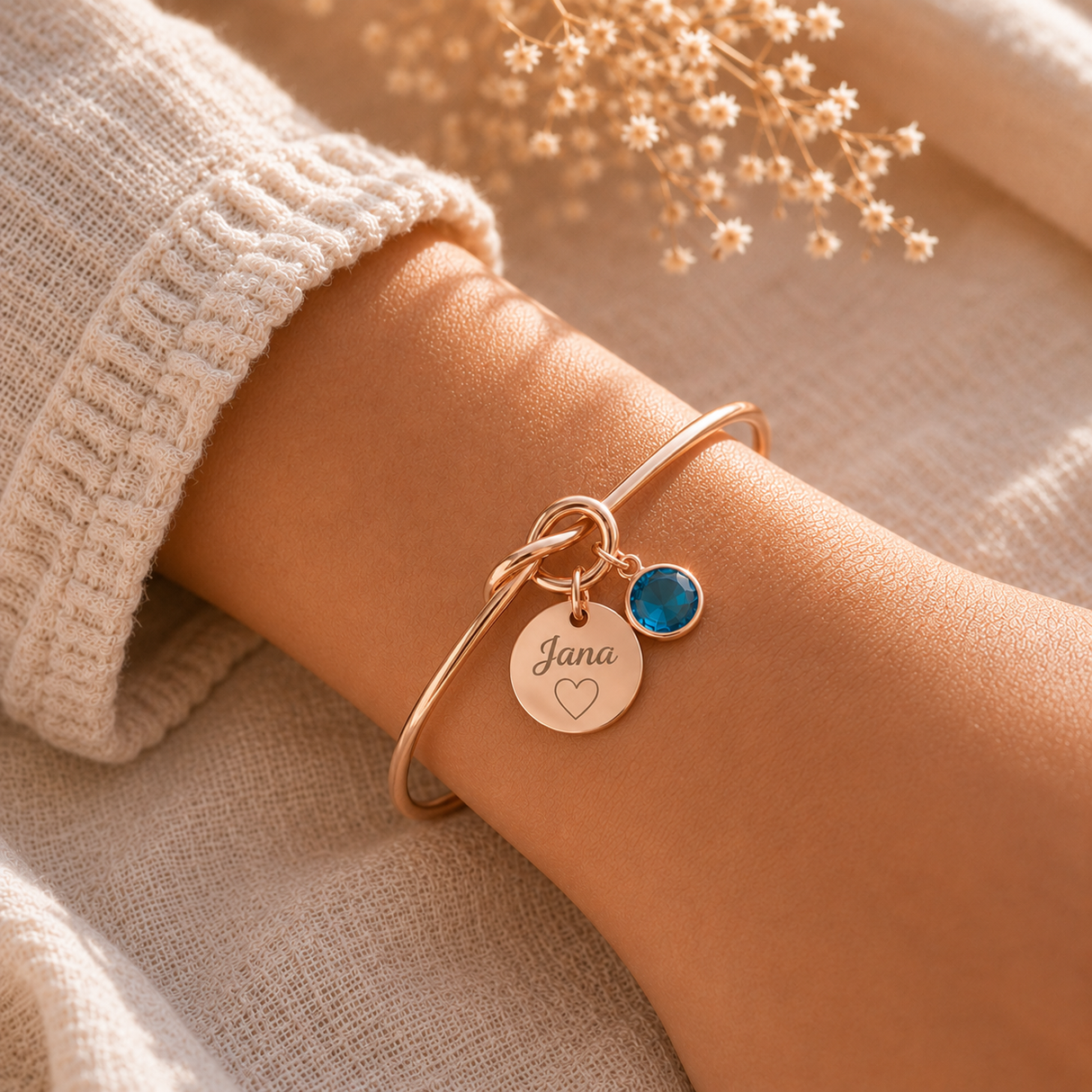 Bracelet jonc gravé personnalisé médaille pierre de naissance
