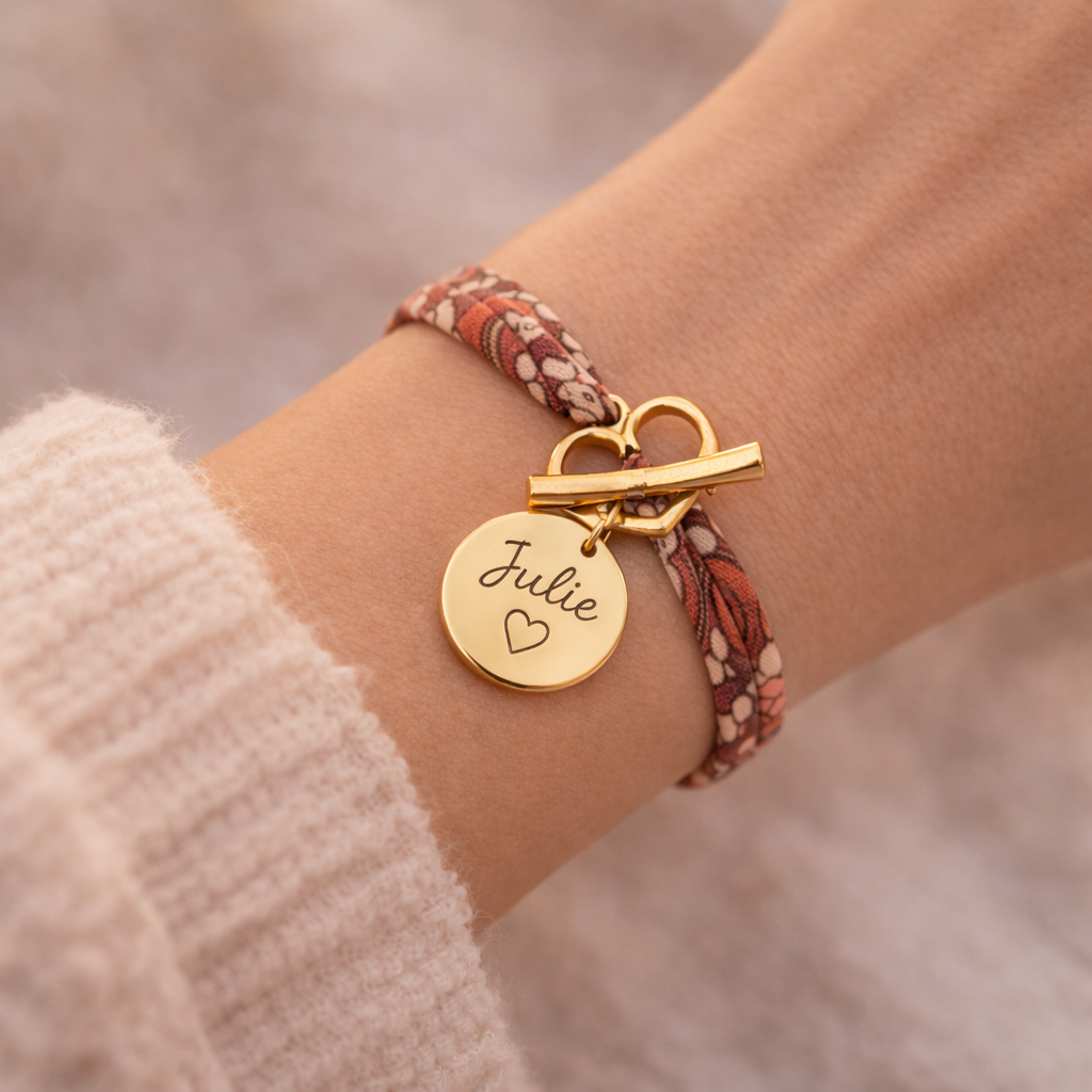 Bracelet liberty fermoir en T coeur personnalisé médaille gravée