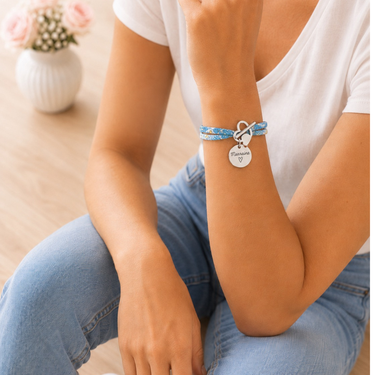 Bracelet liberty fermoir en T coeur personnalisé médaille gravée en acier inoxydable