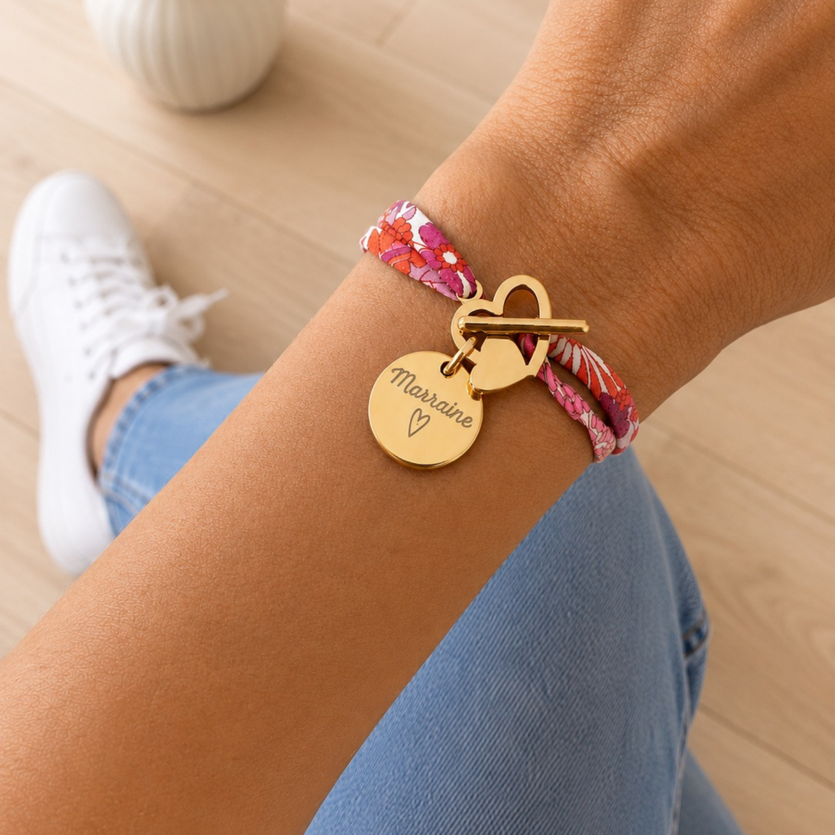 Bracelet liberty fermoir en T coeur personnalisé médaille gravée en acier inoxydable
