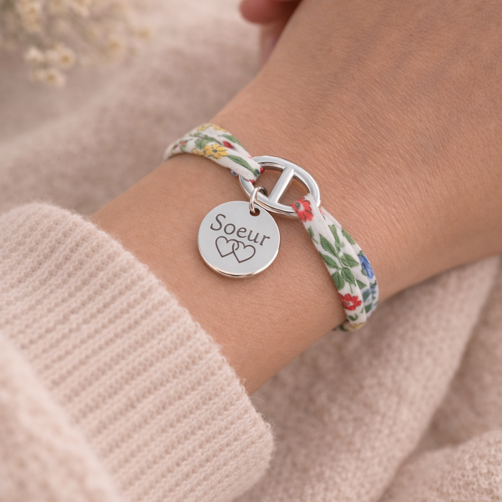 Bracelet liberty fermoir marine personnalisé médaille gravée