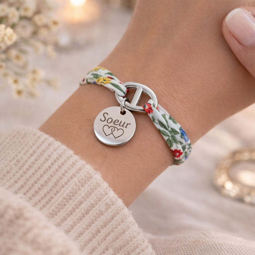 Bracelet liberty fermoir marine personnalisé médaille gravée