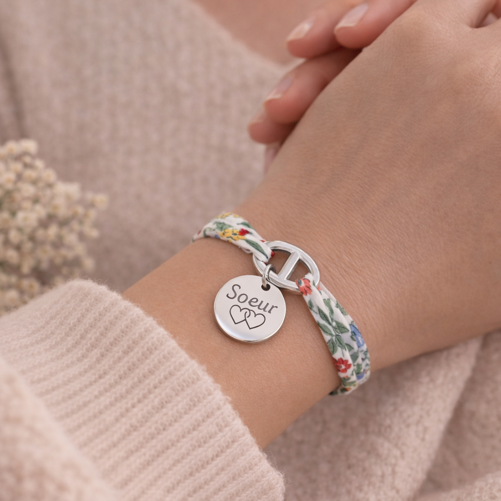 Bracelet liberty fermoir marine personnalisé médaille gravée