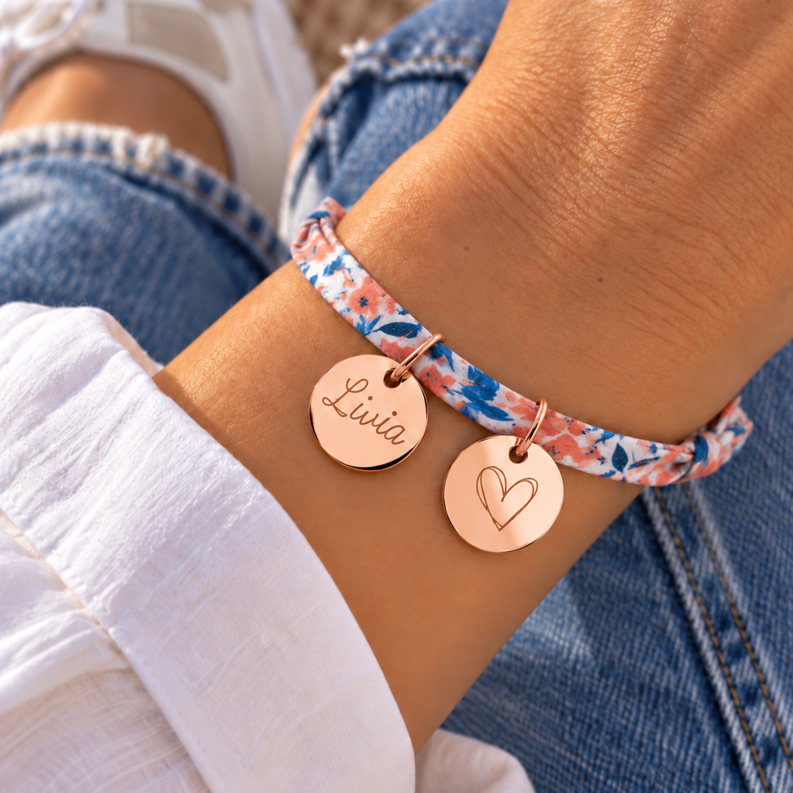 Bracelet liberty personnalisé plusieurs médailles gravées