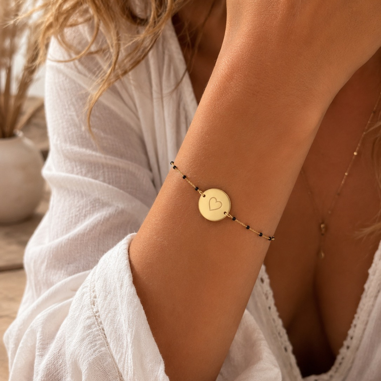 Bracelet personnalisé perles colorées médaille gravée acier inoxydable