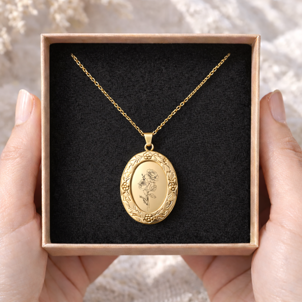 Collier photo personnalisé médaillon ovale motif fleur gravé acier inoxydable