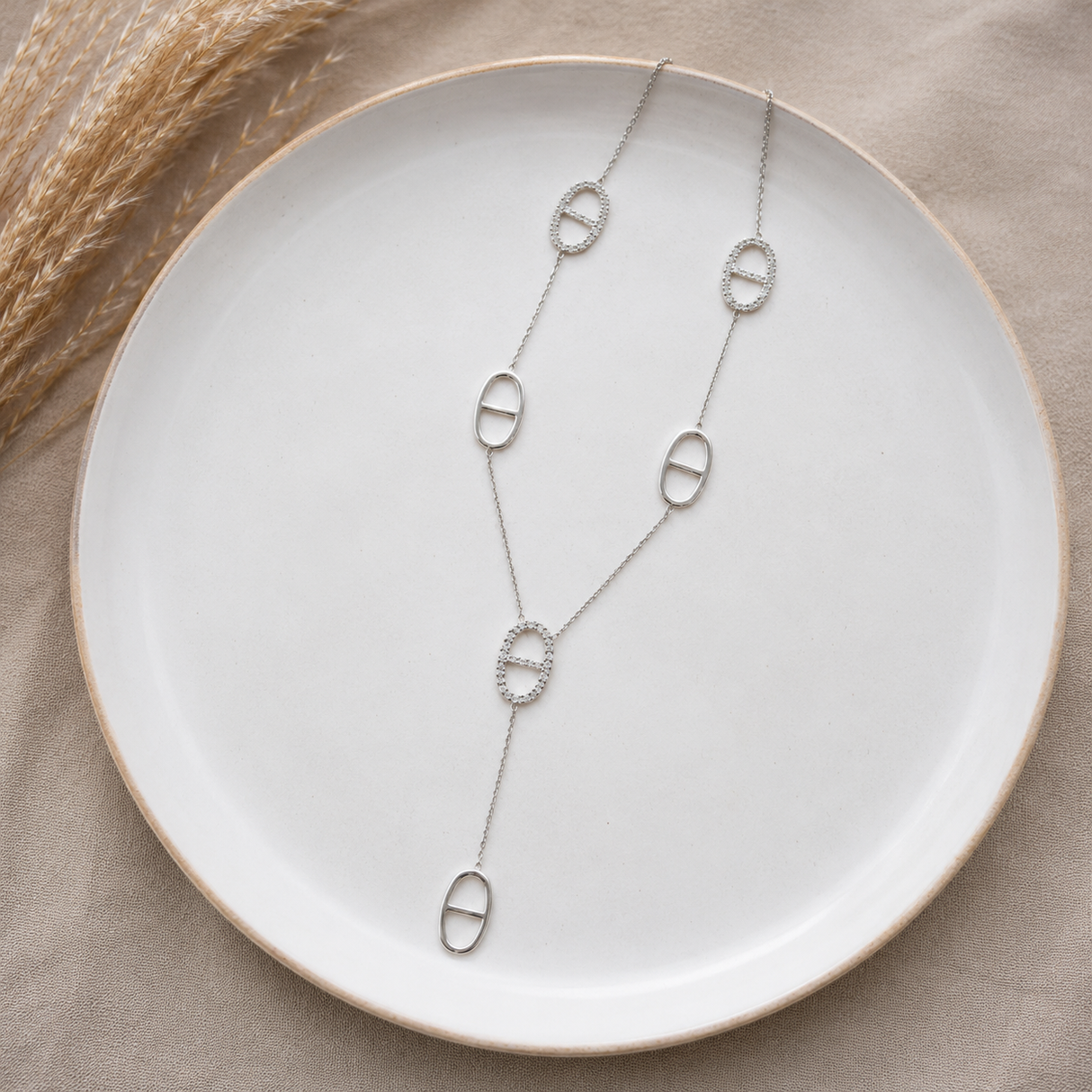 Sautoir collier Y long maille marine avec strass en acier inoxydable