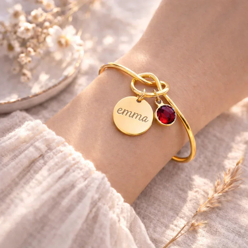 Bracelet jonc gravé personnalisé médaille 15mm pierre de naissance Bracelet jonc gravé personnalisé médaille 15mm pierre de naissance - Doré | Creabibenval