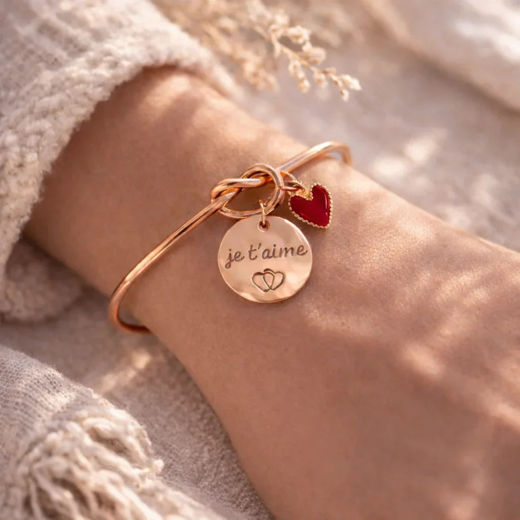 Bracelet jonc gravé personnalisé médaille 15mm breloque coeur Bracelet jonc gravé personnalisé médaille 15mm breloque coeur - Doré rose | Creabibenval