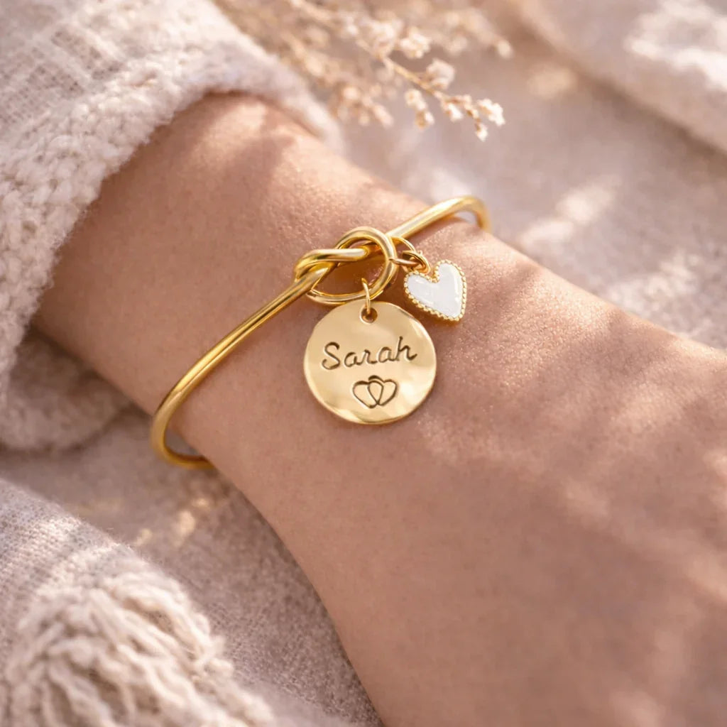 Bracelet jonc gravé personnalisé médaille 15mm breloque coeur Bracelet jonc gravé personnalisé médaille 15mm breloque coeur - Doré | Creabibenval
