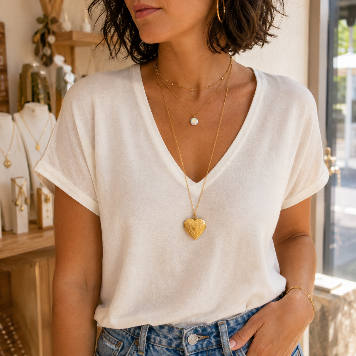 Collier sautoir long photo personnalisé médaillon coeur motif gravé acier inoxydable