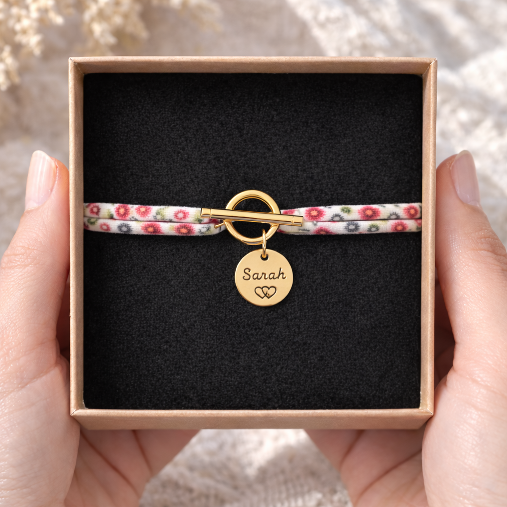 Bracelet liberty fermoir en T personnalisé médaille gravée