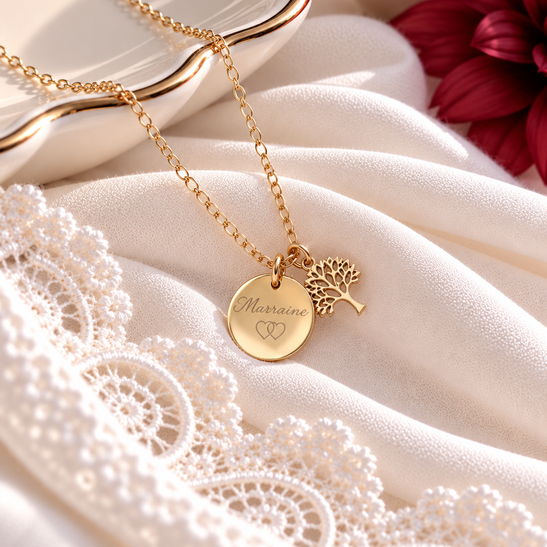 Collier personnalisé médaille gravée arbre de vie