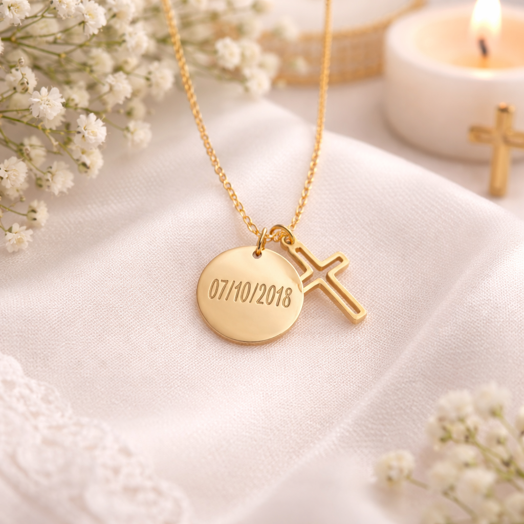 Collier Personnalisé médaille ronde Gravée Croix – Cadeau Baptême, Naissance, Communion