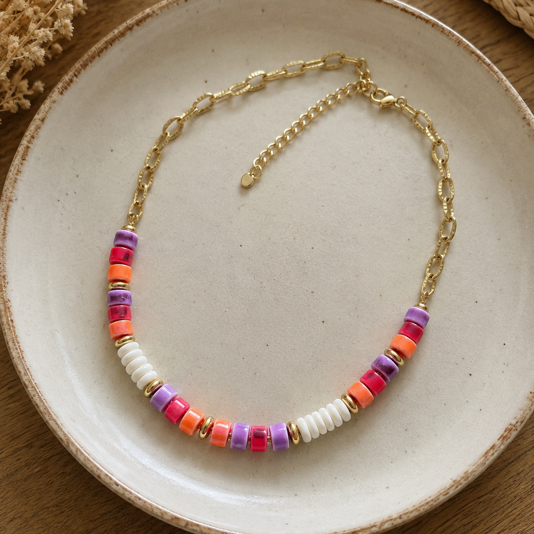 Collier en maille avec perles coquillages et céramiques en acier inoxydable