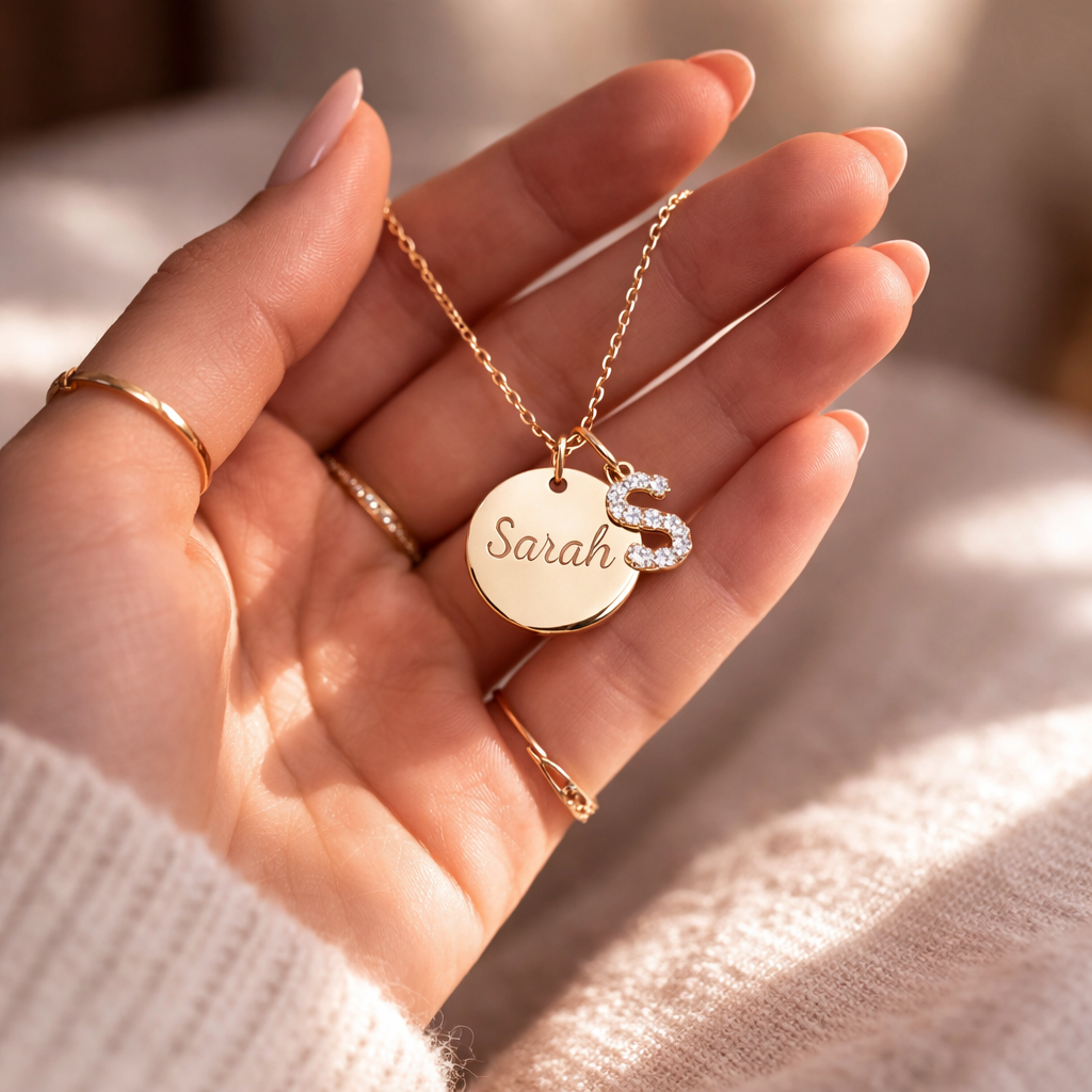 Collier personnalisé médaille gravée lettre strass initiale