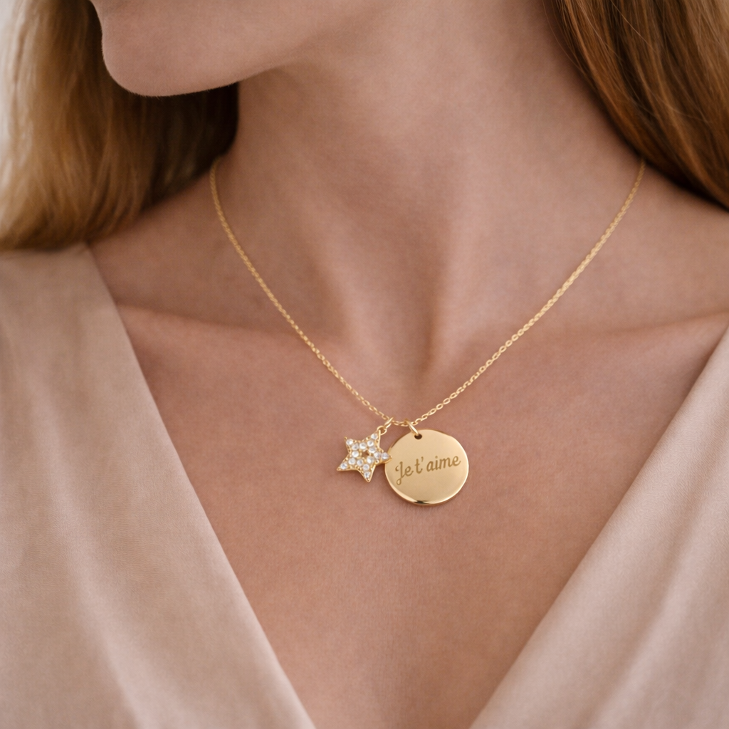 Collier personnalisé médaille gravée étoile strass 2