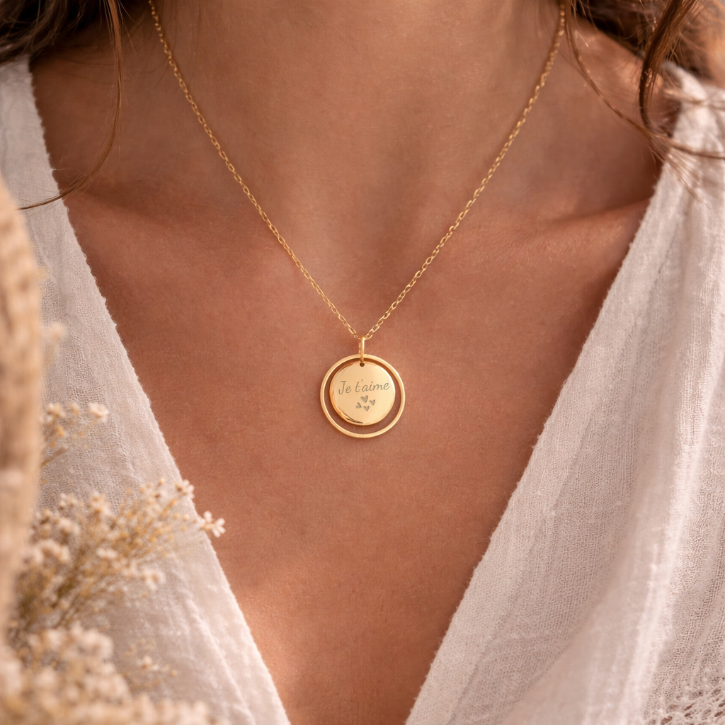 Collier personnalisé médaille ronde gravée anneau